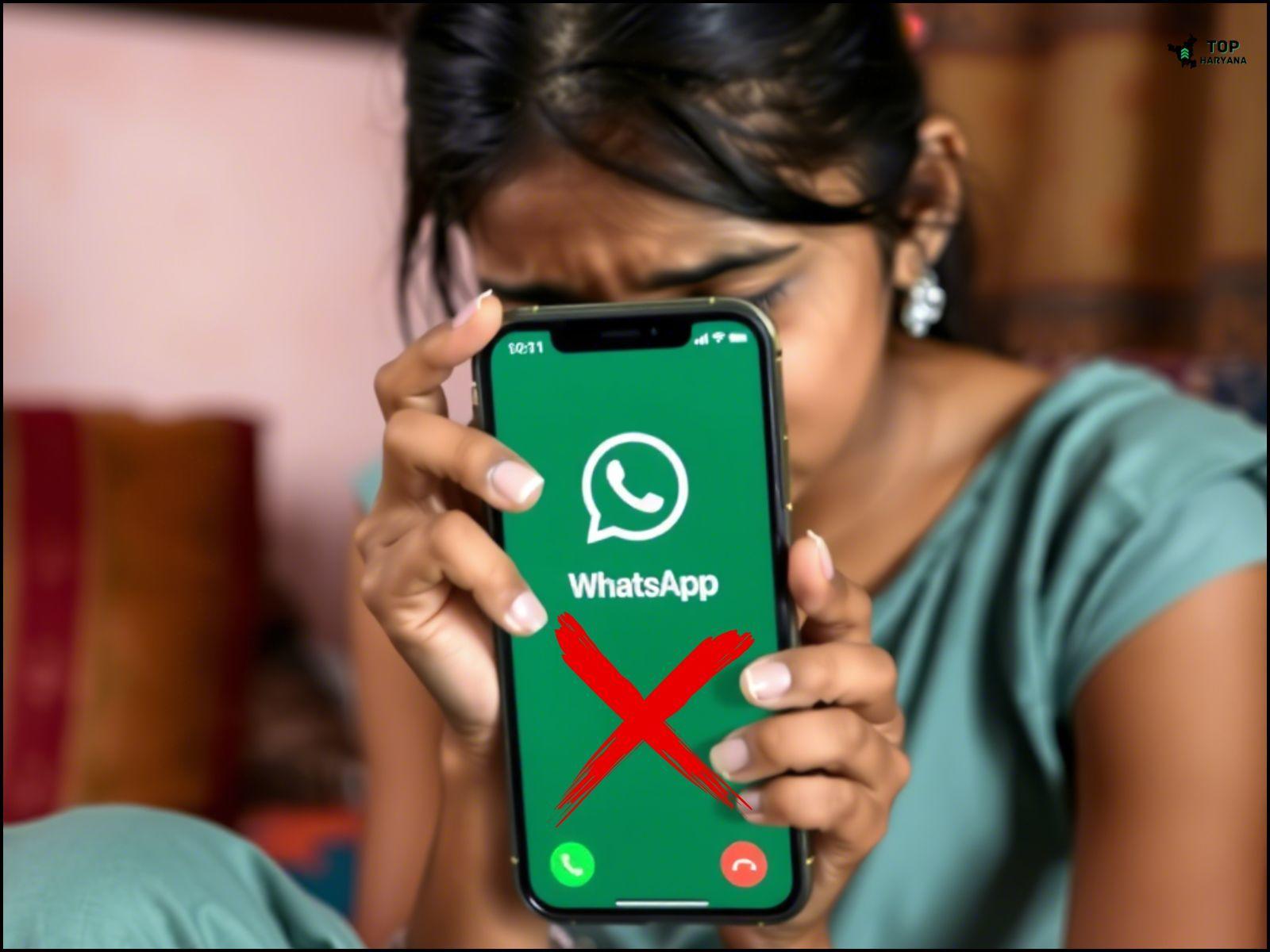 Beautiful girl crying with her mobile because of WhatsApp ban